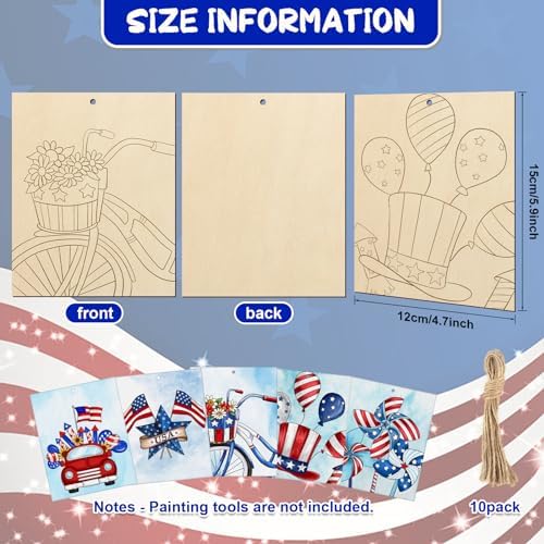 COCHIE 10 Pieces Large 4th of July Unfinished Wood Crafts to Paint for Adults, Bulk Predrilled Wooden Ornaments for Painting, Independence Day Paintable Wood Slices Craft Supplies with Ropes - Image 2