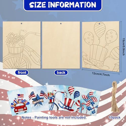 COCHIE 10 Pieces Large 4th of July Unfinished Wood Crafts to Paint for Adults, Bulk Predrilled Wooden Ornaments for Painting, Independence Day Paintable Wood Slices Craft Supplies with Ropes - Image 2