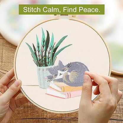 Santune 3 Pack Embroidery Kit for Beginners with Pattern, Cross Stitch Kits for Adults with Instructions,Needlepoint Kits for Adults Include 1 Embroidery Hoops,Color Threads and Needles(Cat) - Image 5