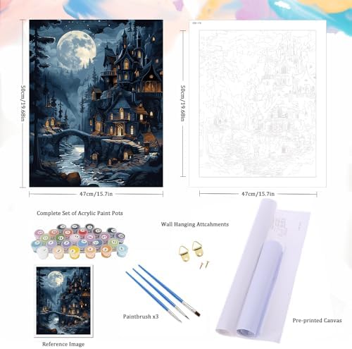 Natuyalo Paint by Numbers Kit for Adults, Paint by Numbers for Beginner Moonlit Castle, Paint by Number for Adults, Night Scene DIY Paint by Number for Gift Home Wall Decor 16x20 Inch - Image 5