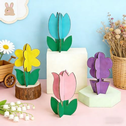 Mykzarpnix Wooden Flower Painting Kit, 12 Unfinished Wood 3D Flowers to Paint, DIY Spring Craft Set for Adults and Family, Blank Tulip Wood Cutouts for Home Decor, Tabletop Mantel Display - Image 2