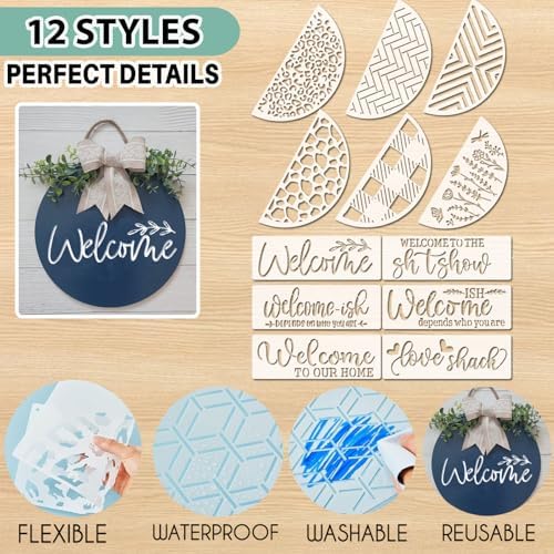 12 Inch Wood Circles for Crafts, 10Pcs Unfinished Wood Rounds with 12Pcs Welcome Stencils & Painting, DIY Wooden Crafts for Door Hanger, Wood Burning, Painting, Gifts for Independence Day Home Decor - Image 3