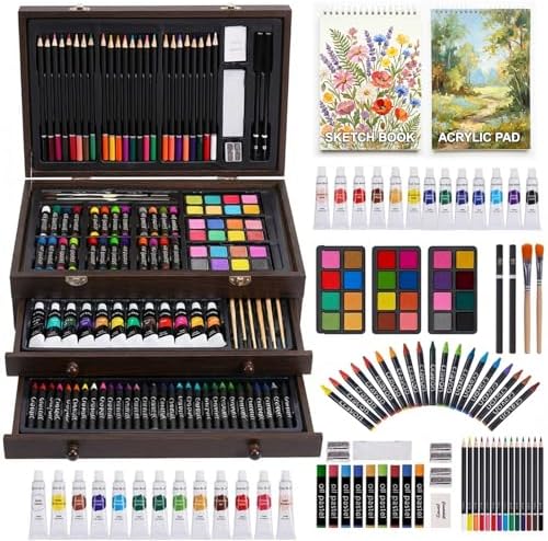 175-Pack Deluxe Wooden Art Set Drawing Painting Kit with 2 Drawing Pads, Acrylic Paints, Colored Pencils, Crayons, Paint Brush, Art Kit in Wooden Case, Gift for Artist, Adults, Teens and Kids by TMOLARTSUPPLIES