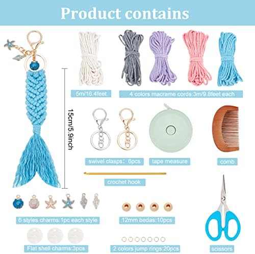 INFUNLY 5 Set Ocean Themed Macrame Kit for Adults DIY Macrame Wristlet Keychain Kits Macrame Boho Keychain with Tassels Cotton Cord Instruction for Car Key Purse Phone Wallet Charm - Image 2