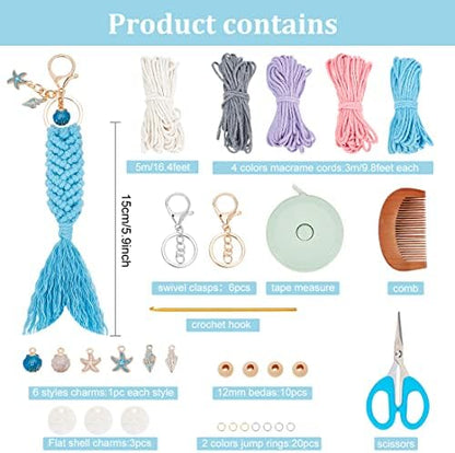 INFUNLY 5 Set Ocean Themed Macrame Kit for Adults DIY Macrame Wristlet Keychain Kits Macrame Boho Keychain with Tassels Cotton Cord Instruction for Car Key Purse Phone Wallet Charm - Image 2