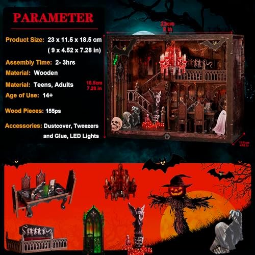 Haunted Manor DIY Miniature House Kit with LED Lights - Gothic Book Nook Decor, 3D Wooden Puzzle for Adults, Halloween Home Decoration (AAA Batteries Not Included) - Image 3
