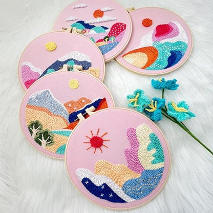Allazone 3 Set Punch Needle Embroidery Kits, Punch Needle Kits for Adults Beginner, Punch Needle Tool with Punch Needle Cloth, Yarns and Sewing Needles (Sunset and Mountains) - Image 3