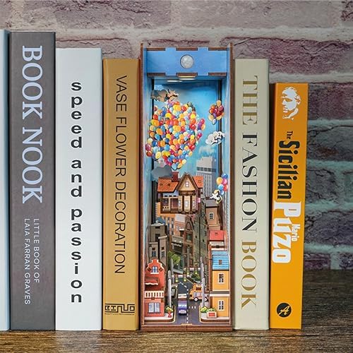 Tonecheer DIY Book Nook Kit for Adults,3D Wooden Puzzle Bookend Bookshelf Insert Library Decor, Booknook Miniature House Kit with Body Motion Sensor LED Light (Travel with The Wind) - Image 4