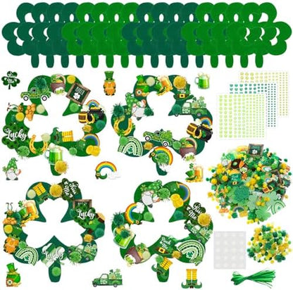 472 Pcs St Patrick's Day Kit Felt Shamrock Crafts Wreath Craft Activity DIY Green Clover Hanging Wreath Home Ornament with Gnome Rainbow Beer Hats Gold Coins Stickers for Irish Party Activity by Suilung