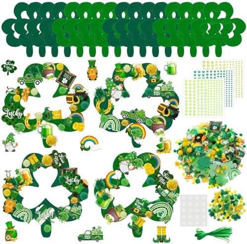 472 Pcs St Patrick's Day Kit Felt Shamrock Crafts Wreath Craft Activity DIY Green Clover Hanging Wreath Home Ornament with Gnome Rainbow Beer Hats Gold Coins Stickers for Irish Party Activity by Suilung