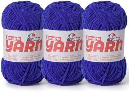 3 Pack Plush Chunky Chenille Yarn for Crocheting, Soft Fluffy Velvet Yarn for Crocheting, Fuzzy Baby Blanket Knitting Yarn, 300g/393yds Bulky Amigurumi Yarns（3 Sapphire Blue） by Sekafris