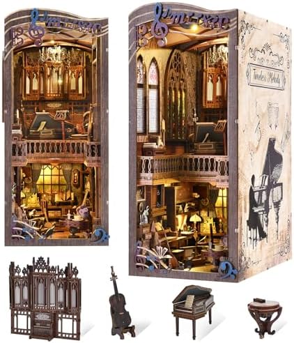 fifijoy Timeless Melody Book Nook - DIY Miniature Dollhouse Music Kit for Adults, 3D Wooden Puzzle Bookends Bookshelf Insert Decor with LED Light, Gifts for Family, Friends by fifijoy