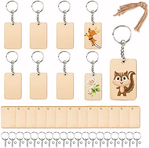 Happyay 30Pcs Unfinished Wood Pieces, Rectangle Wood Pieces with 30 Pcs Key Rings and Hemp Rope, for Craft Projects, Hanging Decorations, Painting, Laser Engraver by Unknown