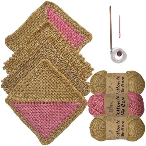 Tunisian Crochet Dishcloth Kit for Beginners - Camel Brown + Flamingo Pink by KnitPal