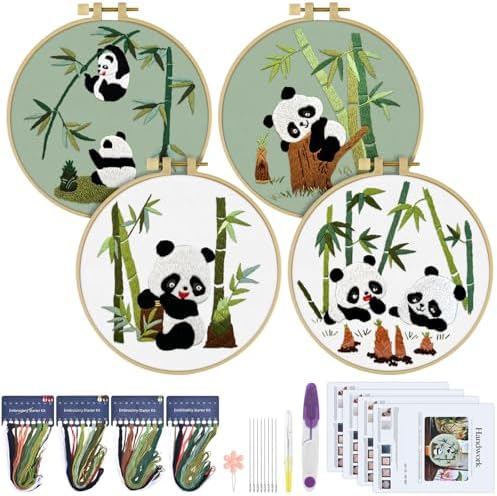 ERKOON 4 Sets Embroidery Kit for Beginners, Animal Cross Stitch Set for Adult Include Embroidery Cloth Hoops Threads for Craft Lover Hand Stitch (Panda) by ERKOON