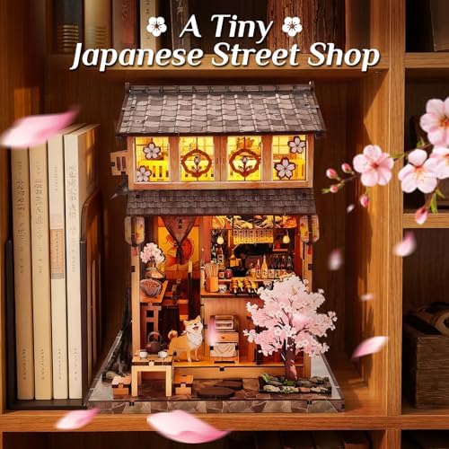 Book Nook Kit, DIY Miniature House Kit for Adults & Teens, Japanese Street Shop Scene Bookshelf Insert Decor with LED, 3D Wooden Puzzle Gift for Book Lovers (Sakura Street Shop) - Image 2