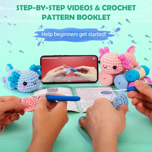 Crochetta Crochet Kit for Beginners, Beginner Crochet Starter Kit w Step-by-Step Video Tutorials, Learn to Crochet Kits for Adults Women Men, DIY Knitting Supplies, Axolotls (Blue and Pink) - Image 3