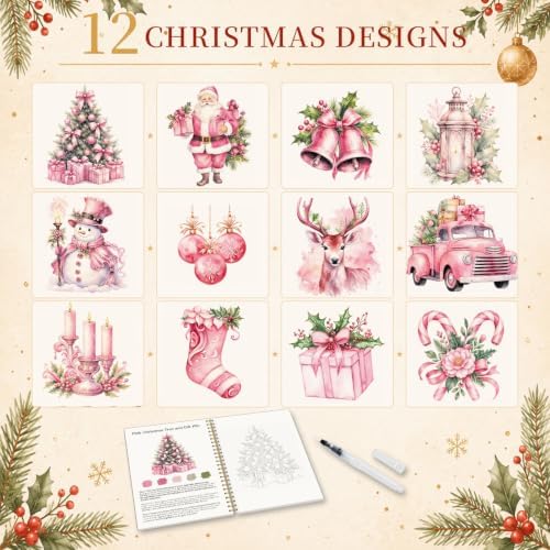 Pink Christmas Watercolor Workbook, Xmas Painting Book with 12 Designs - Image 4