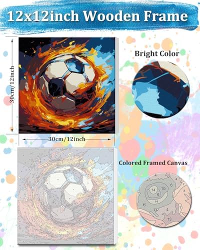 TOCARE Framed Paint by Numbers Kit for Adults Beginners & Kids Ages 8-12,12x12inch Soccer Paint by Number with Frame,Cartoon Sports Football Paint by Numbers Framed Canvas(Without Easel) - Image 2