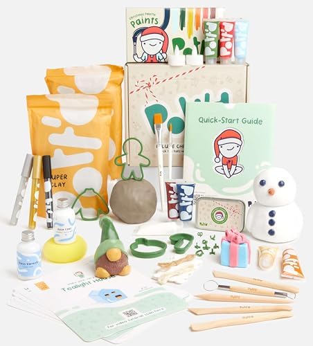 Pott’d Christmas Deluxe Pottery Kit – Includes Air Dry Clay for Adults, Christmas Themed Tools, Paints, Brushes, Stamps, How-to-Guides | DIY Christmas Decoration, Beginner-Friendly Clay Kit by Pottd