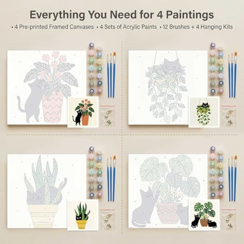 Amphol Framed Paint by Numbers Kit for Adults - 10x10 Inch Easy 4 Pack Potted Cat Framed Canvas Paint by Number for Beginners, DIY Acrylic Oil Painting Kits with Frame for Home Wall Decor Gift - Image 7