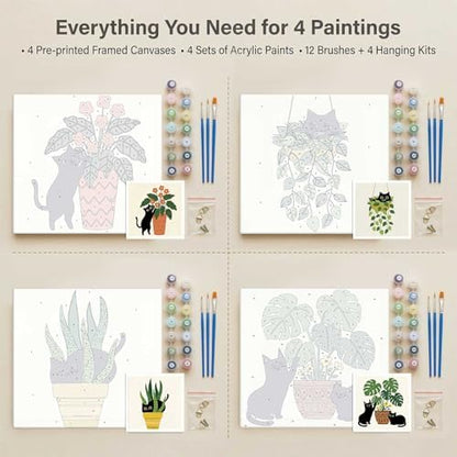 Amphol Framed Paint by Numbers Kit for Adults - 10x10 Inch Easy 4 Pack Potted Cat Framed Canvas Paint by Number for Beginners, DIY Acrylic Oil Painting Kits with Frame for Home Wall Decor Gift - Image 7