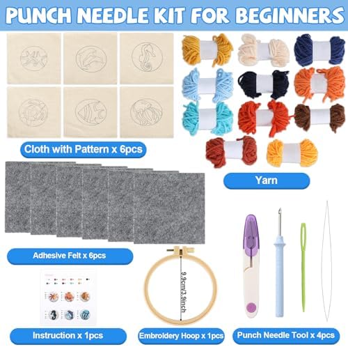 Ocean Punch Needle Coaster Kit for Beginners 6 Sea Animals Design Coasters Easy Punch Needle Embroidery Kit for Adults Kids DIY Tufted Pads with Adhesive Felt Yarns Tools Embroidery Hoop Instruction - Image 2