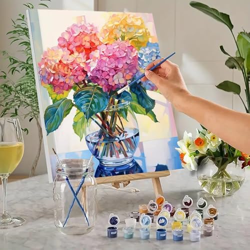 MaiMMaledy Paint by Numbers Kit for Adults Beginners 12Wx8L inch Canvas Pictures with Framed Drawing Painting Works with Wooden Triangle Easel Acrylic Pigment Hydrangea - Image 2