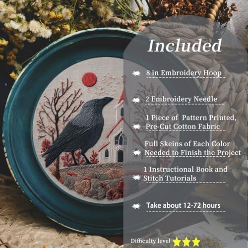 FONNUY Embroidery Kit, Featuring Crow and Landscape Patterns, Cross Stitch Kits for Both Adults and Beginners, Handmade Crafts Printed Pattern Set, Color Thread Needlework, 8'' Hoop (Clever Bird) - Image 2