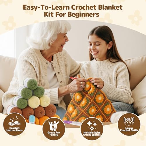 WILSHIN Granny Squares Blanket Crochet Kit for Beginners – Soft Yarns, Detailed Instructions & Step-by-Step Tutorials, Easy Crochet Starter Kit, Craft Gift for Adults (Brown Sunflower) - Image 3