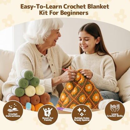 WILSHIN Granny Squares Blanket Crochet Kit for Beginners – Soft Yarns, Detailed Instructions & Step-by-Step Tutorials, Easy Crochet Starter Kit, Craft Gift for Adults (Brown Sunflower) - Image 3