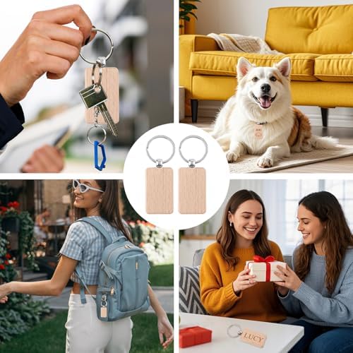 PineHaven Blank Wooden Key Chain, Rectangle Wood Keychain Blanks,Unfinished Wood Key Ring Wooden Engraving Blank Keys Tags - Image 6