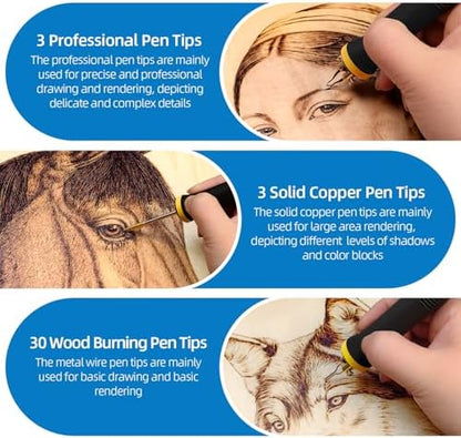 FIRElood LH55-Z2-NS3 wood burning pen Wood Burning Tool Pen 200~750℃, Wood Burning kit with Digital Thermometer,3 pyrographic Wood Burning pens, 3 solid copper pen tips, 33 Wood Burning Pen Tips - Image 4