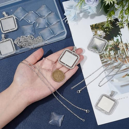 24Pcs 6 Sets Cabochon Necklace Kit Square Bezel Pendant Trays with Glass Cabochons and Chain Rhinestone Rotatable Double Sided Bezel Charms for Jewelry Making Supplies Necklace Gift Adults - Image 3