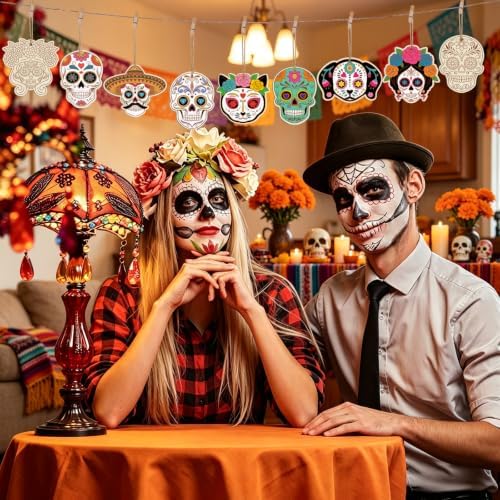 80PCS Wooden Day of The Dead Skull Ornaments to Paint Dia De Los Muertos Decorations Crafts for Kids, Halloween Decorations DIY Blank Sugar Skull Unfinished Mexican Fiesta Cutouts for Party Hanging - Image 7