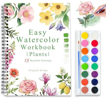 Watercolor Workbooks, 16 Colors Water Color Books Paint Set for Adults, Watercolor Coloring Book for Beginners, Water Color Workbook, 15 Beautiful Paintings for Beginners (Plants) by Terself