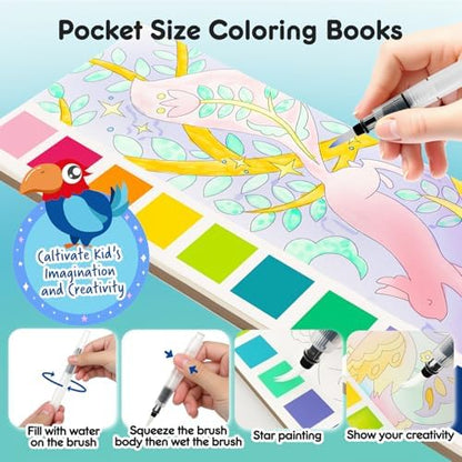 Watercolor Painting Coloring Books Pocket Watercolor Paint Bookmarks, Mess Free Paint with Water Set, Travel Class Activities Art Party Favors Exchange Birthday Gifts for Kids (Enchanting forest) - Image 3