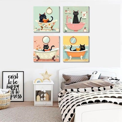 Canrichshop 4P Bathing Cat Paint by Numbers for Beginner with Frame,Black Cat Adult Painting by Numbers Kits on Canvas, DIY Oil Painting for Decor 8X 8 inch - Image 4