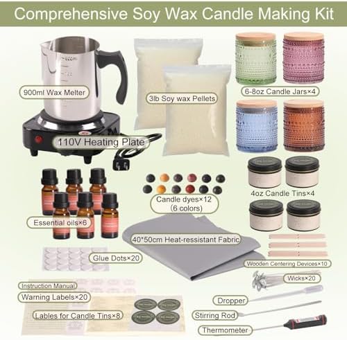 LAMORGIFT Soy Candle Making Kit with Wax Melter for Adults- Natural Soy Wax with Candle Making Supplies, 4 Jars& 4 Tins, Wax Melting Pot and More, Colored Scented Candle DIY Kit for Christmas Gift Set - Image 2