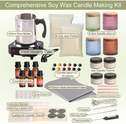LAMORGIFT Soy Candle Making Kit with Wax Melter for Adults- Natural Soy Wax with Candle Making Supplies, 4 Jars& 4 Tins, Wax Melting Pot and More, Colored Scented Candle DIY Kit for Christmas Gift Set - Image 2