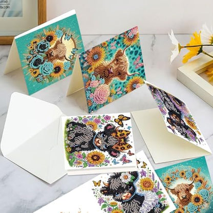 Tontut 6pcs Diamond Art Painting Kit Greeting Card, Sunflower Yellow Cow 5D DIY Diamond Handmade Holiday Greeting Card with Envelope, Holiday Gift Congratulation - Image 7
