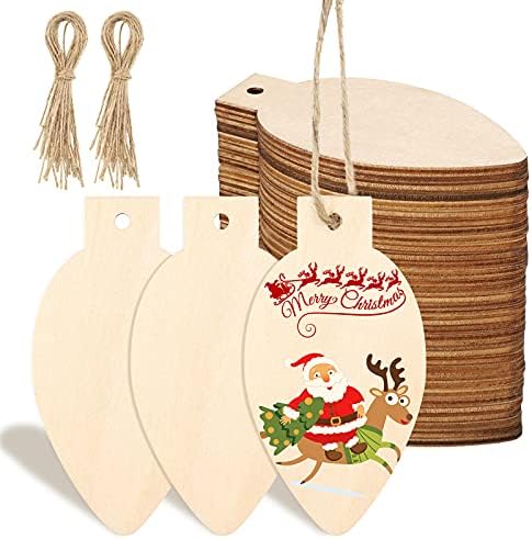 Queekay 50 Pcs Unfinished Wood Christmas Light Bulb Ornaments, Wood Color by Queekay