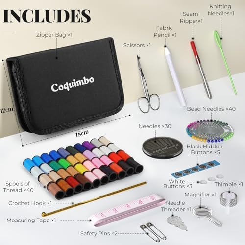 Coquimbo Sewing Kit Christmas Gifts for Grandma, Mom, Traveler, Adults, Beginner, Emergency, DIY Sewing Supplies Organizer Filled with Scissors, Thread, Sewing Needles, Tape Measure etc (Black, L) - Image 2