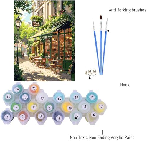 Mrnsiet Paint by Numbers Kit for Adults, Easy Street Cafe Adult Paint by Number Kits on Canvas, Spring Scene DIY Acrylic Oil Number Painting Kits for Home Wall Decor Gift 16x20 Inch - Image 3