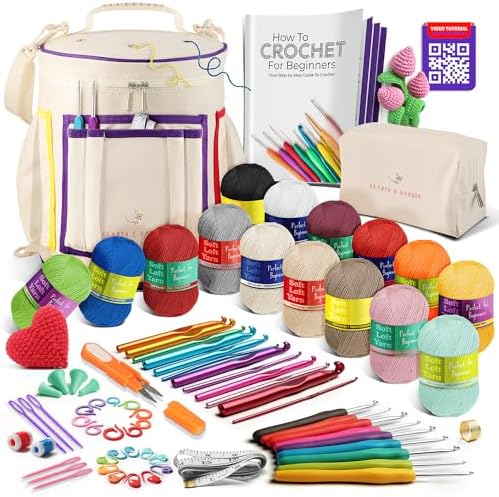 Crochet Kit for Beginners with Yarn, Beginner Crochet Kit for Adults and Kids, 21 Hooks, Knitting Kit Bag, Instructions Step-by-Step Video Tutorials, Plus Crochet Accessories Supplies, Crochet Gifts by HearthHarbor
