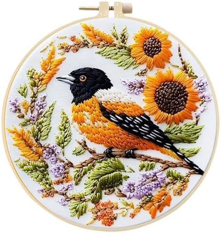 FRANDEK DIY Sunflower Bird Stamped Embroidery Kit with Hoop for Adults by FRANDEK