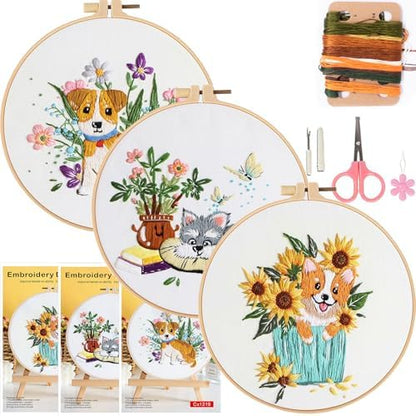 Embroidery Kit for Beginners, Dog Flower Pattern Embroidery Practice Kits by COCOMOX