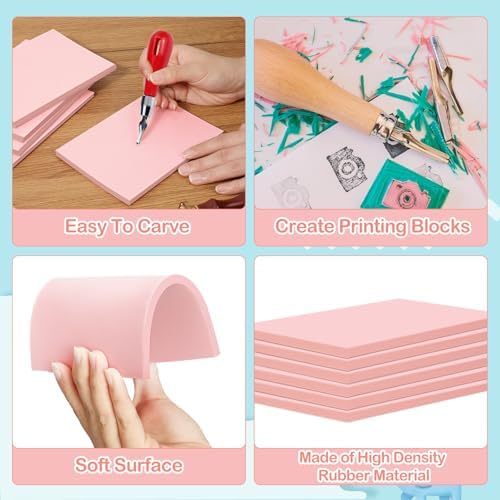 Frienda 50 Pack Rubber Carving Blocks 4 x 6 Inch, Rubber Stamp Carving Blocks for Printmaking, Printing, DIY Craft Project, Soft Block Stamp for Beginners and Professional(Pink) - Image 3