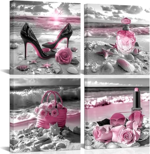 GHHKUD 4 Pack Pink Black Fashion Paint by Numbers Kits for Adults with Frame, DIY Beach Paint by Numbers for Beginners, Painting by Numbers on Canvas Gifts for Home Decor 20x20cm by GHHKUD