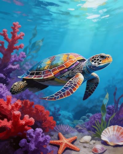 Ocean Paint by Numbers Kit for Adults, Sea Turtle Swimming in Deep Coral Reef Adult Paint by Number Kits, Marine Life Painting by Numbers Canvas, DIY Arts and Crafts for Home Decor, 16x20 Inch by TFIAVSIN